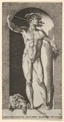 Mercury Standing in a Niche Playing His Pipes, with the Severed Head of an Old Man