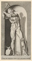 Plate 19: Vulcan Standing in a Niche Swinging a Hammer, with an Anvil, Hammer, and Tongs
