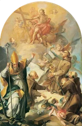 Three Capuchin Saints and a Bishop Worshipping Christ and the Cross