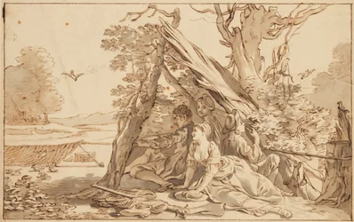 Three young Men and a Woman under a Shelter