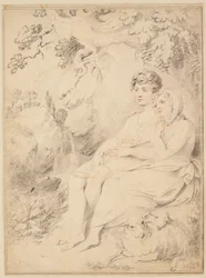 Young boy and a girl with flute and sheep