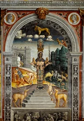 Sign of the Zodiac: The Lion. Top medallions with portraits of Emperors Vitellius and Vespasian. Below, legend associated with the birth of the constellation corresponding to the sign: the deity Artemis of Ephesus