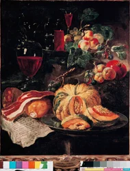 Still Life: Pumpkin, Bacon, Ham, Peaches and Wine