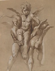Two Putti Carrying a Third Putti (recto); A Youth with a Staff (verso)