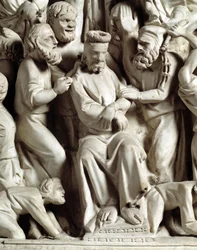 Detail of the Reliefs of the Chair by Giovanni Pisano: Jesus Mocked (Detail)