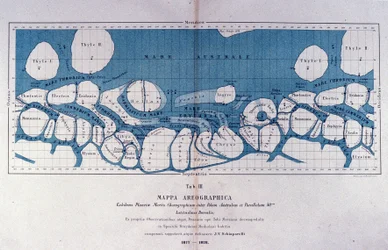 Map of the planet Mars by Giovanni Virginio Schiaparelli (1835-1910), astrophysicist. He observed rectilinear configurations on the planet Mars, which he called the Martian canals (canali). 1877-1878