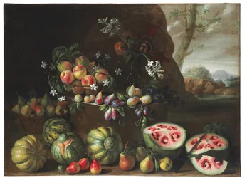 Watermelons, Peaches, Pears and Other Fruit in a Landscape