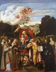 Madonna Enthroned with Angels, St. Apollonia, St. Augustine, St. Catherine, St. Joseph, St. Grata, St. Philip Benizzi and St. Barbara (St. Gotthard Altarpiece)