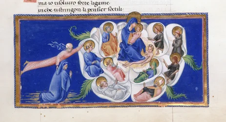 Dante and Beatrice before the Virgin and Child, who are seated within the Celestial Rose, surrounded by various saints, from Paradiso in 