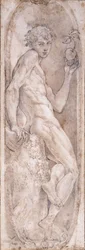 Adam holding an Apple, seated, in a Medallion, c.1547-1553