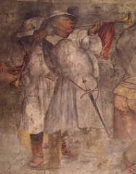 Figure of Man Playing Trumpet, (detail) from fresco by Girolamo Romanino, St. Anthony Church, Breno, Italy