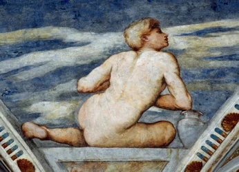 Male nude, (detail) of frescoes by Girolamo Romanino (ca 1484-after 1559), Commissioned by Bernardo Clesio