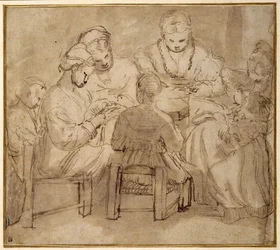 Women and girls seated round a table sewing