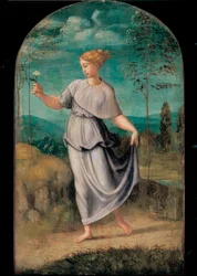 Young Woman Holding a Flower with an Extensive Landscape Beyond
