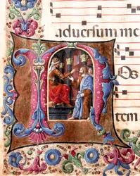 Decorated lettering representing Jesus Christ in front of Pontius Pilate. Miniature by Girolamo da Cremona (active around 1451-1483) and Liberale da Verona (1445-1529) from a choir (Cod. 22/7. c.22.) from the Cathedral of Siena. 15th century.