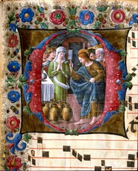 Decorated Initial Representing the Wedding at Cana Miniature by Girolamo da Cremona (active around 1451-1483) and Liberale da Verona (1445-1529) from a Choir Book (Cod. 19/4. c.19v.) from the Cathedral of Siena. 15th Century Cathedral (Duomo) of Siena, Ita