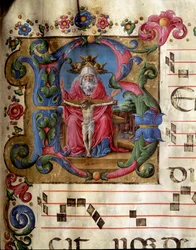Decorated letter B representing the Holy Trinity (Throne of Grace) God, Jesus Christ and the dove of the Holy Spirit. Miniature by Girolamo da Cremona (active around 1451-1483) from a choir (Cod. 10/L. c.81v) from the Cathedral of Siena. 15th century.