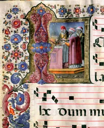 Miniature Sacrifice Scene by Girolamo da Cremona from a Choir (Cod. 10/L. c.114v.) from the Cathedral of Siena. 15th Century Cathedral (Duomo) of Siena, Italy