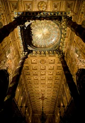 View of the ceiling with wooden boxes marked and gilded by Giuliano da Sangallo (1445-1516) and major altar made by architect Ferdinando Fuga (1699-1781). Basilica of Santa Maria Maggiore, Rome