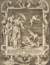 A vulture eating the innards of Titius, Cupid above two women to the left, set within a frame, 1531-76