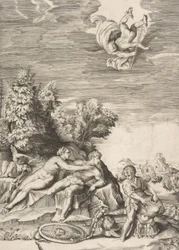 Calypso trying to detain Ulysses as a child prepares his armour at right and Mercury faints