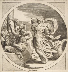 Circe drinking from a cup with the companions of Ulysses in a boat at left
