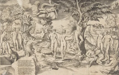 Cupid in the Elysian Fields Tied to a Tree in the Centre, Surrounded by Many Figures