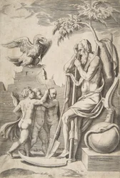 Father Time at the right leaning on a scythe, three naked boys and eagle at the left