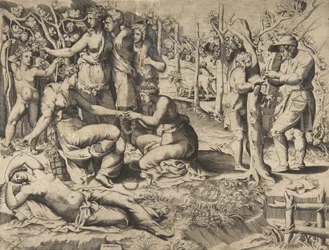 Flora in the centre passing a wreath to another woman, surrounded by other figures, mid-16th century