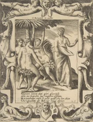 Juno at the right turning and speaking to the Fates, set within an elaborate frame