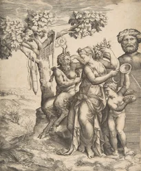 Pan at the left seated next to a standing nymph, to the right Cupid holding cymbals, 1531-76