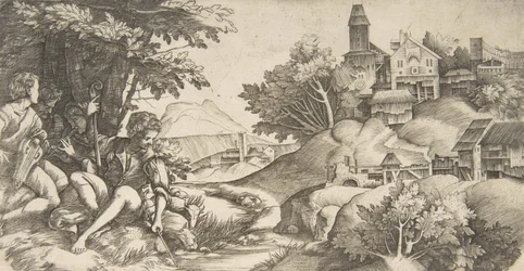 At left four shepherds with musical instruments seated under a group of trees, ca. 1517