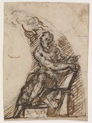 Seated man with writing tablet (?). Architectural detail