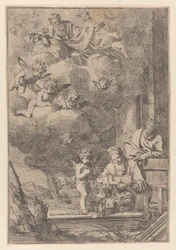 The Holy Family with the Virgin holding Christ over the cradle