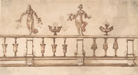 Design for a Balustrade with Female Figures and Urns, 16th-17th century