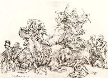 Diomedes, Wounded by Pandarus, is Comforted by Pallas Athene