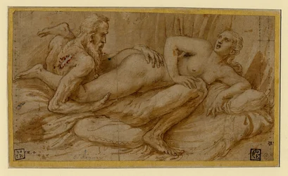 Erotic Scene by Giulio Romano (1499-1546), after 1524 - Pen, brush, brown Indian ink, white colour, black chalk on paper