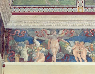 Camera con Fregio di Amorini, Two Cupids Playing with Rabbits (detail)