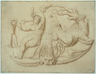 Satyr with Two Pipes and Putto and Woman Taking Drink from Tree