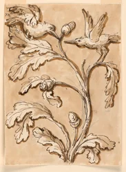 Two Birds in Foliage with Seed Pods