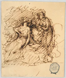 Figural Sketch with a Seated Girl Conversing with a Standing Girl