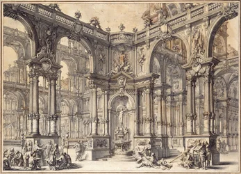 The Portico of an Italian Palace with a Fountain Decorated with a Statue of Fortune