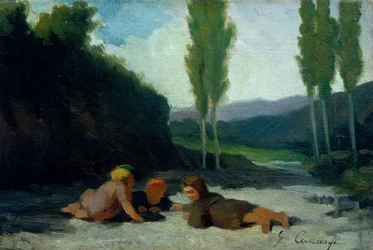 Children playing on a riverbank