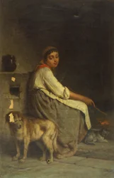 Woman with Dog and Cat by Fireplace