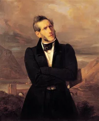 Portrait of Alessandro Manzoni with views of Lecco