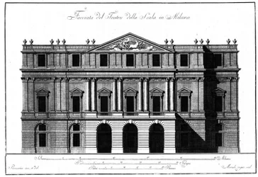 Drawing of the exterior architecture of the facade of the Teatro alla Scala (Theatre de la Scala) in Milan realized by Giuseppe Piermarini (1734-1808)