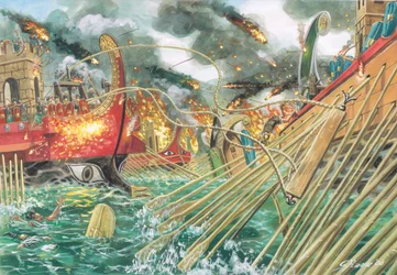 Ancient Rome: the battle of Actium fought between the forces of Octavian and the combined forces of Mark Antony and Cleopatra VII on September 2, 31 BC - Illustration by Giuseppe Rava