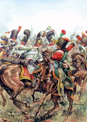Battle of Austerlitz on 2/12/1805, battle between the soldiers of the Great Army and the Russians and Austrians - Illustration by Giuseppe Rava