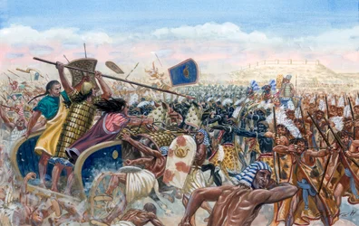 Egyptian Antiquity: the charge of the Hittite tanks of Mupatalli against the Egyptian army of Ramses II during the Battle of Qadesh in 1274 BC