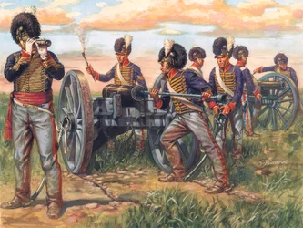 First Empire: English Artillery Soldiers Loading a Cannon at the Battle of Waterloo in 1815